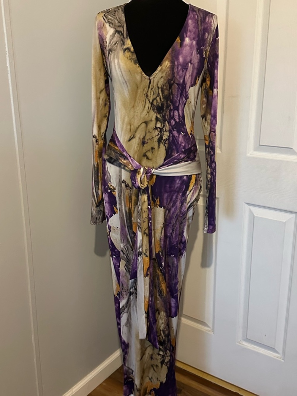 Diosa Abstract Marble Print Long Sleeve Maxi Dress in Purple and Gold